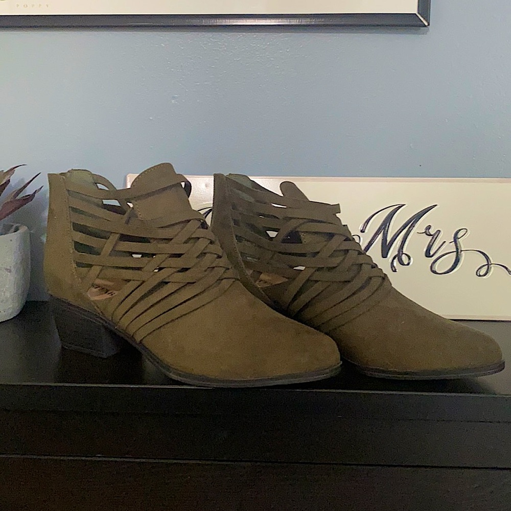 Khaki green suede booties